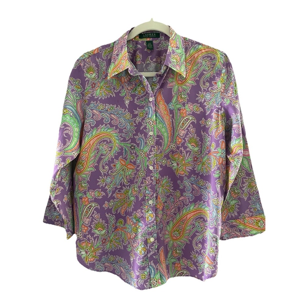 Lauren Ralph Lauren Ladies Purple Paisley Multicolor Blouse Size‎ L Open Cuffs